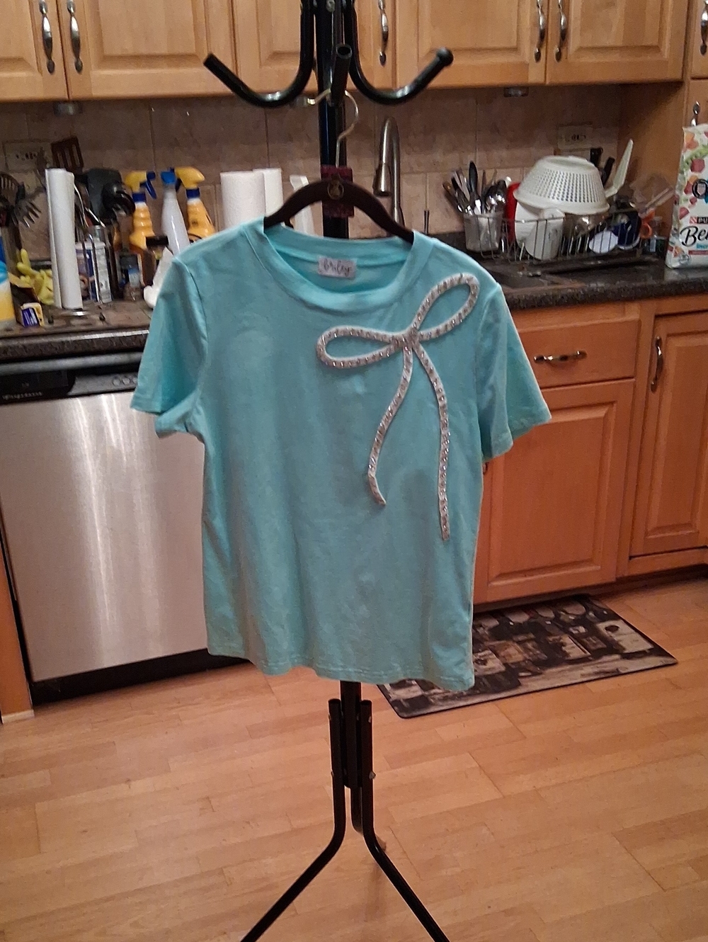 Women's Aqua Short Sleeve Tee with Decorative Bow Accent
